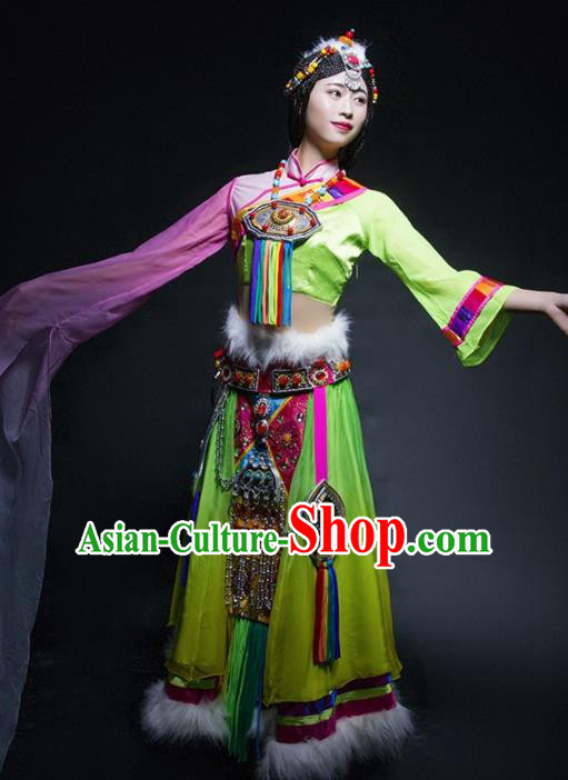 Chinese Traditional Zang Nationality Ethnic Dance Costume Tibetan Minority Folk Dance Green Dress for Women