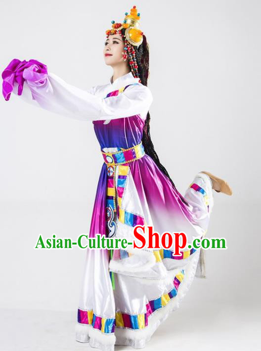 Chinese Traditional Zang Nationality Ethnic Dance Costume Tibetan Minority Folk Dance Purple Dress for Women