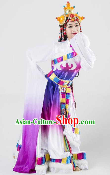 Chinese Traditional Zang Nationality Ethnic Dance Costume Tibetan Minority Folk Dance Purple Dress for Women