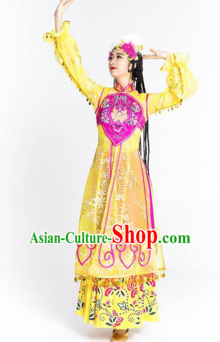 Chinese Traditional Uyghur Nationality Ethnic Dance Costume Uigurian Minority Folk Dance Yellow Dress for Women