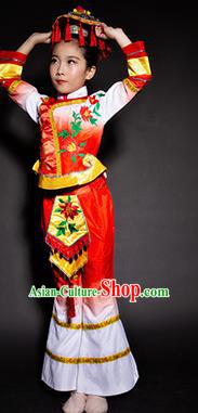 Chinese Maonan Nationality Stage Performance Costume Traditional Ethnic Minority Red Clothing for Kids
