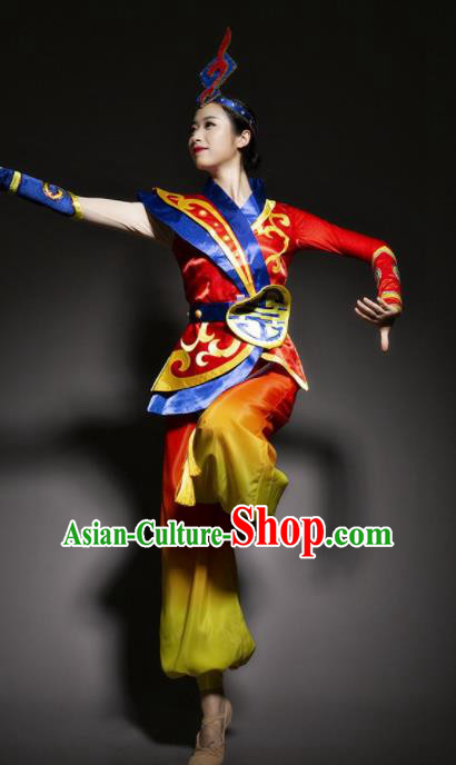 Chinese Mongol Nationality Ethnic Red Costume Traditional Minority Folk Dance Stage Performance Clothing for Women