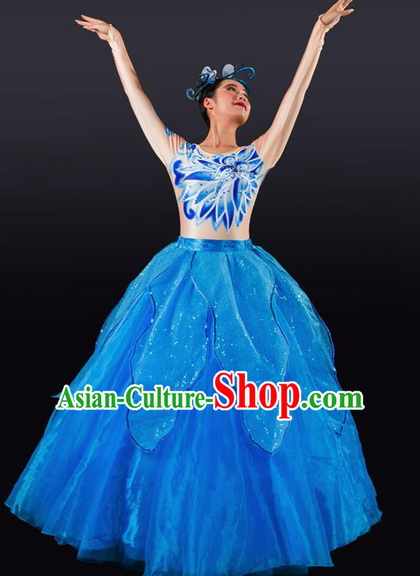 Chinese Spring Festival Gala Stage Performance Blue Veil Dress Traditional Modern Dance Opening Dance Costume for Women