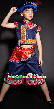 Chinese Yi Nationality Stage Performance Costume Traditional Ethnic Minority Navy Clothing for Kids