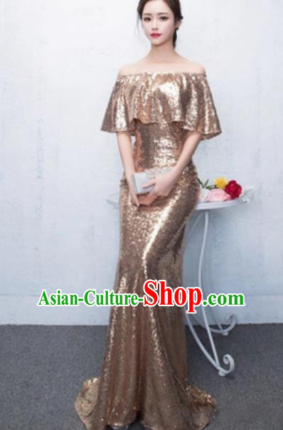 Top Grade Compere Stage Performance Golden Full Dress Modern Dance Costume for Women