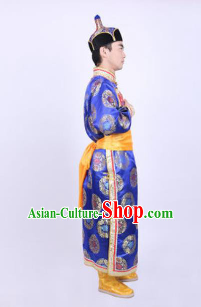 Chinese Mongol Nationality Ethnic Costume Traditional Minority Folk Dance Stage Performance Blue Robe for Men