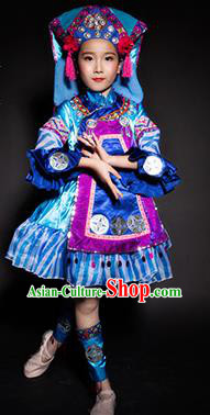 Chinese Bouyei Nationality Stage Performance Costume Traditional Ethnic Minority Blue Clothing for Kids