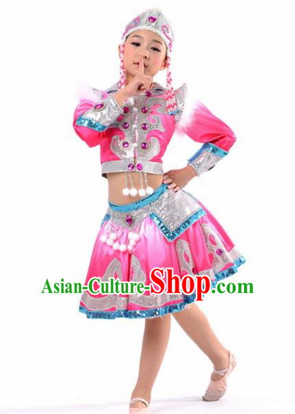 Chinese Mongol Nationality Ethnic Pink Costume Traditional Minority Folk Dance Stage Performance Clothing for Kids