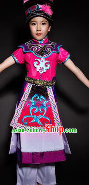 Chinese Qiang Nationality Stage Performance Costume Traditional Ethnic Minority Rosy Clothing for Kids