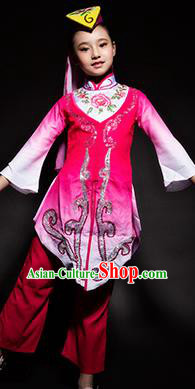 Chinese Hui Nationality Stage Performance Costume Traditional Ethnic Minority Rosy Clothing for Kids