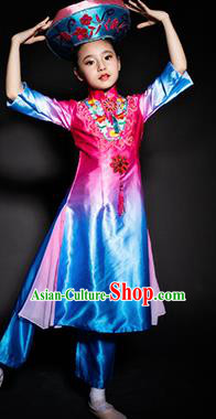 Chinese Jing Nationality Stage Performance Costume Traditional Ethnic Minority Rosy Clothing for Kids