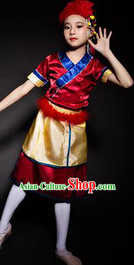 Chinese Moinba Nationality Ethnic Stage Performance Costume Traditional Minority Folk Dance Clothing for Kids