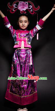 Chinese Manchu Nationality Ethnic Stage Performance Costume Traditional Minority Folk Dance Clothing for Kids