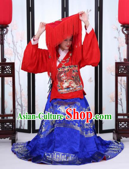 Traditional Chinese Ming Dynasty Bride Historical Costume Ancient Wedding Embroidered Dress for Women