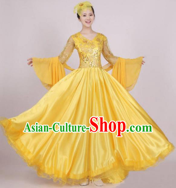 Top Grade Stage Performance Yellow Dress Compere Modern Dance Fancywork Modern Costume for Women