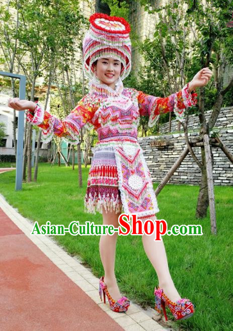 Traditional Chinese Minority Ethnic Folk Dance Red Short Dress Miao Nationality Stage Performance Costume and Hat for Women