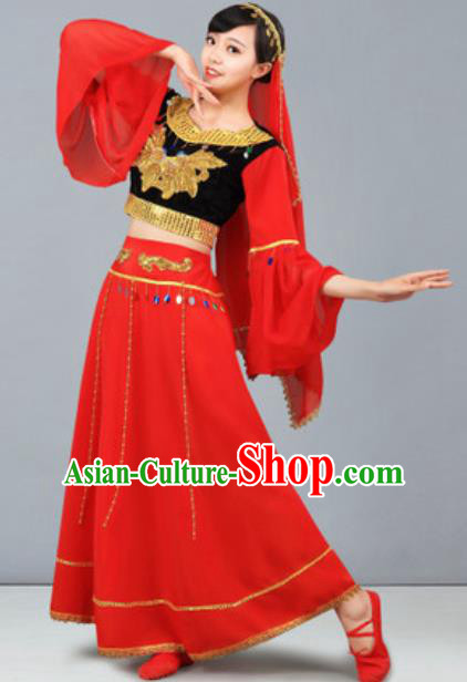 Chinese Uyghur Nationality Ethnic Costume Traditional Minority Folk Dance Stage Performance Red Dress for Women