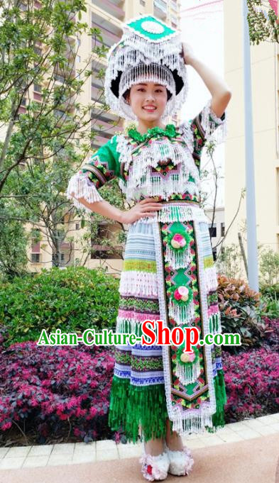 Traditional Chinese Minority Ethnic Folk Dance Green Dress Miao Nationality Stage Performance Costume and Hat for Women