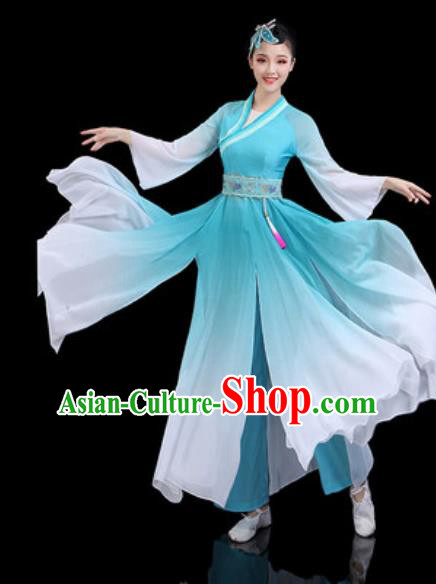 Traditional Chinese Classical Dance Blue Dress Umbrella Dance Stage Performance Costume for Women