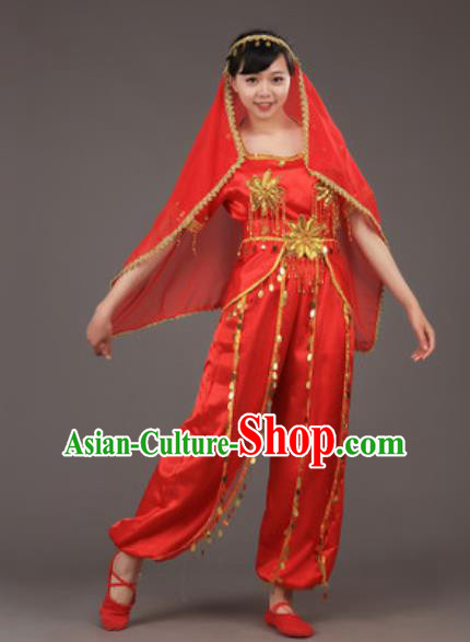 Chinese Uyghur Nationality Ethnic Red Costume Traditional Minority Folk Dance Stage Performance Clothing for Women