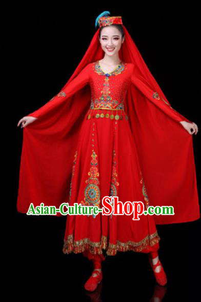 Traditional Chinese Minority Ethnic Dance Red Dress Uyghur Nationality Stage Performance Costume for Women