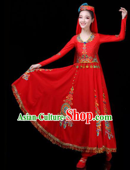 Traditional Chinese Minority Ethnic Dance Red Dress Uyghur Nationality Stage Performance Costume for Women
