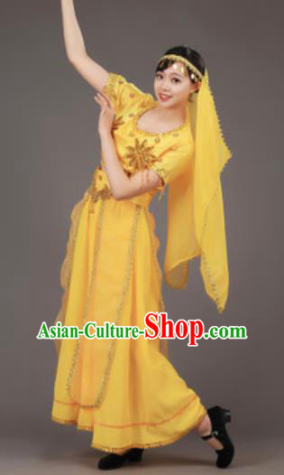 Chinese Uyghur Nationality Ethnic Yellow Costume Traditional Minority Folk Dance Stage Performance Clothing for Women