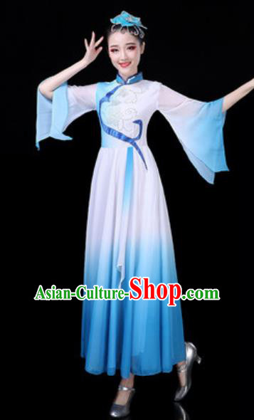 Traditional Chinese Classical Dance Blue Dress Umbrella Dance Stage Performance Costume for Women