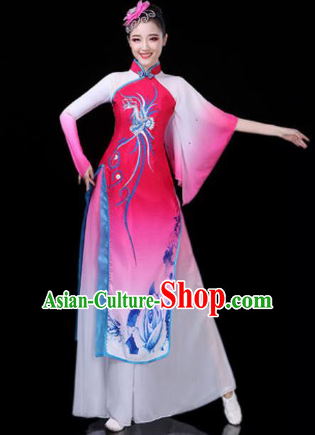 Traditional Chinese Classical Dance Rosy Dress Umbrella Dance Stage Performance Costume for Women