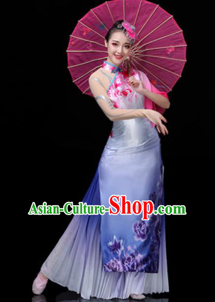 Traditional Chinese Classical Dance Light Blue Dress Umbrella Dance Stage Performance Costume for Women