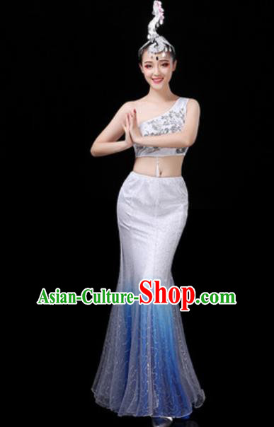Traditional Chinese Minority Ethnic Peacock Dance White Dress Dai Nationality Stage Performance Costume for Women