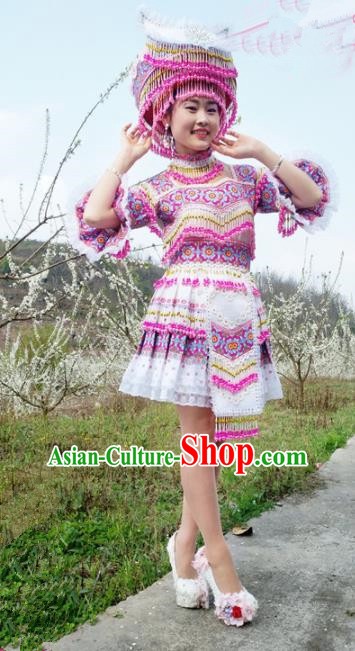 Traditional Chinese Minority Ethnic Folk Dance Embroidery Purple Dress Miao Nationality Stage Performance Costume and Hat for Women