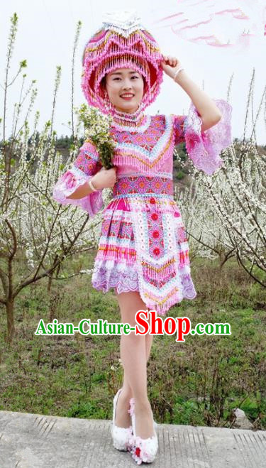 Traditional Chinese Minority Ethnic Folk Dance Pink Short Dress Miao Nationality Stage Performance Costume and Hat for Women