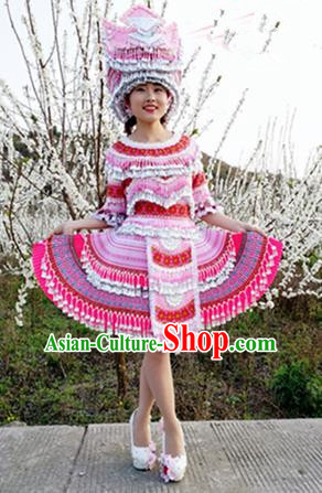 Traditional Chinese Minority Ethnic Folk Dance Short Dress Miao Nationality Stage Performance Costume and Hat for Women