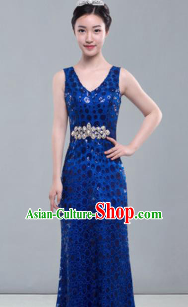 Top Grade Modern Fancywork Royalblue Full Dress Modern Dance Compere Costume for Women