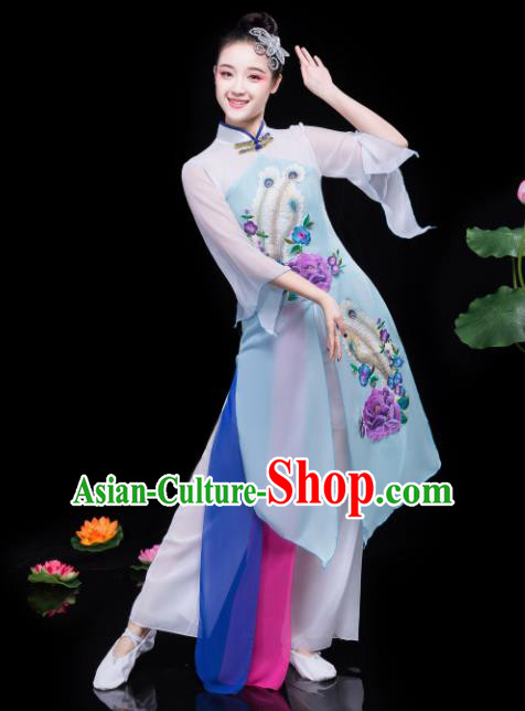 Chinese Traditional Classical Dance Lotus Dance Blue Dress Umbrella Dance Stage Performance Costume for Women