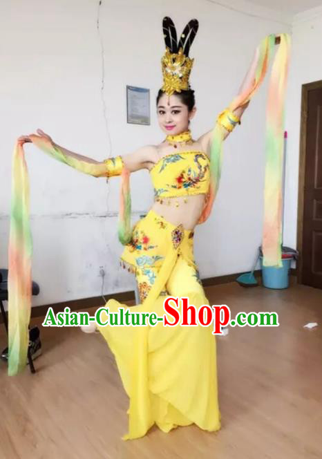 Chinese Traditional Classical Dance Yellow Dress Dunhuang Flying Apsaras Stage Performance Costume for Women