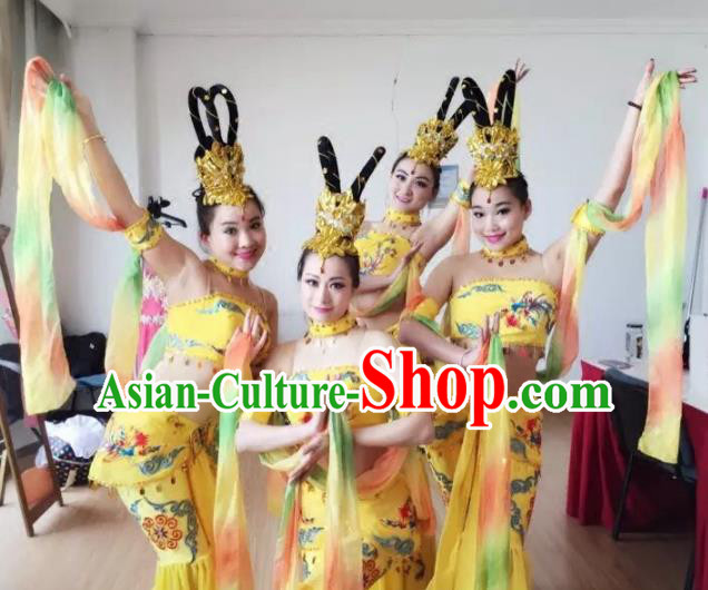 Chinese Traditional Classical Dance Yellow Dress Dunhuang Flying Apsaras Stage Performance Costume for Women