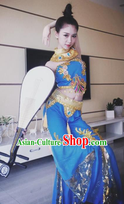 Chinese Traditional Classical Dance Blue Dress Dunhuang Flying Apsaras Stage Performance Costume for Women