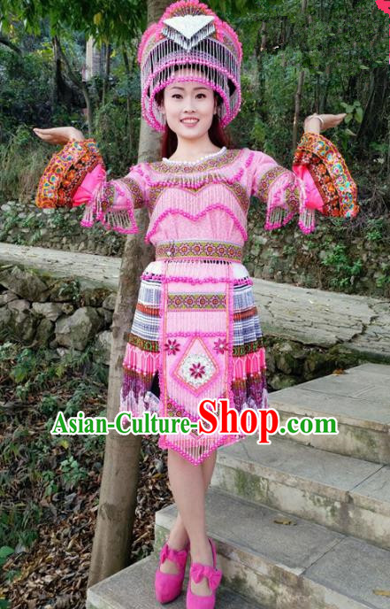 Chinese Traditional Miao Nationality Ethnic Embroidered Costume Minority Folk Dance Rosy Short Dress for Women