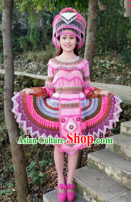 Chinese Traditional Miao Nationality Ethnic Embroidered Costume Minority Folk Dance Rosy Short Dress for Women