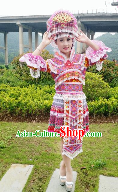 Chinese Traditional Miao Nationality Rosy Short Dress Minority Ethnic Folk Dance Embroidered Costume for Women