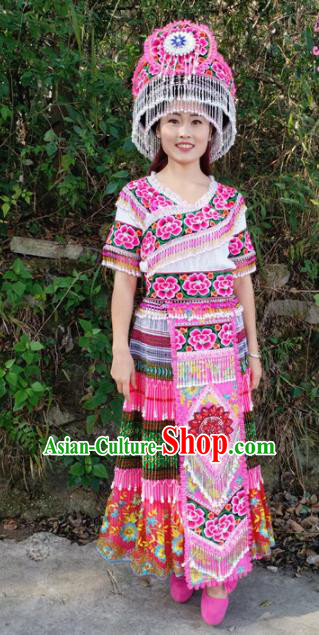 Chinese Traditional Miao Nationality Pink Dress Minority Ethnic Folk Dance Embroidered Costume for Women