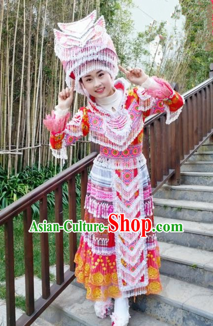 Chinese Traditional Miao Nationality Red Dress Minority Ethnic Folk Dance Embroidered Costume for Women
