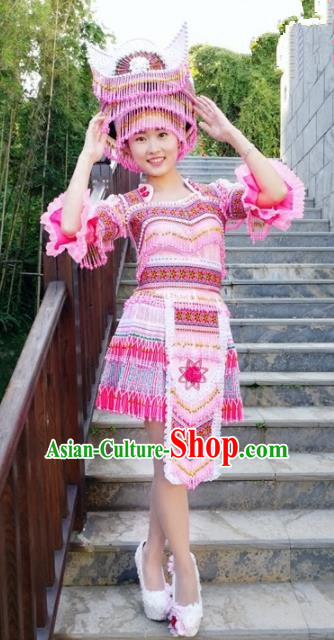 Chinese Traditional Miao Nationality Pink Short Dress Minority Ethnic Folk Dance Embroidered Costume for Women