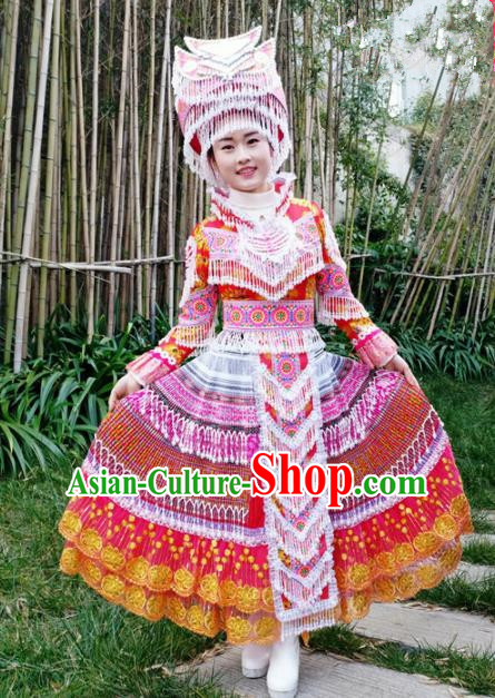 Chinese Traditional Miao Nationality Red Dress Minority Ethnic Folk Dance Embroidered Costume for Women