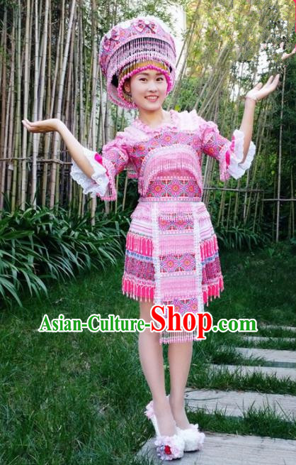 Chinese Traditional Miao Nationality Pink Beads Short Dress Minority Ethnic Folk Dance Costume for Women