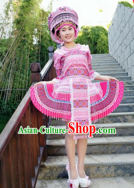 Chinese Traditional Miao Nationality Pink Beads Short Dress Minority Ethnic Folk Dance Costume for Women