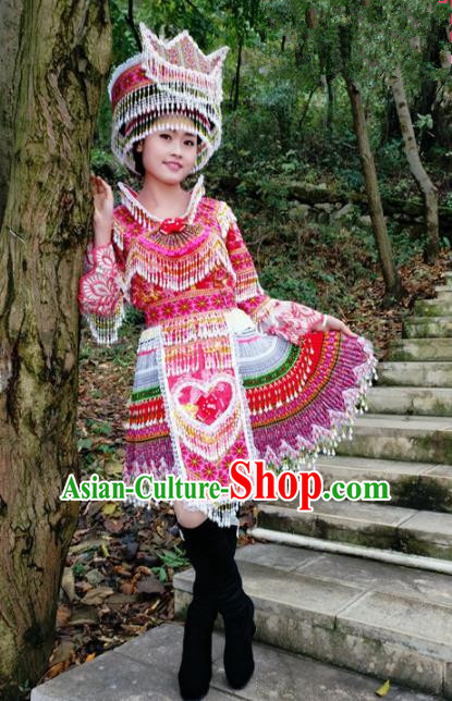 Chinese Traditional Miao Nationality Rosy Short Dress Minority Ethnic Folk Dance Costume for Women