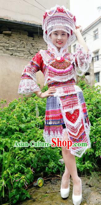 Traditional Chinese Miao Nationality Wedding Red Short Dress Minority Ethnic Folk Dance Costume for Women